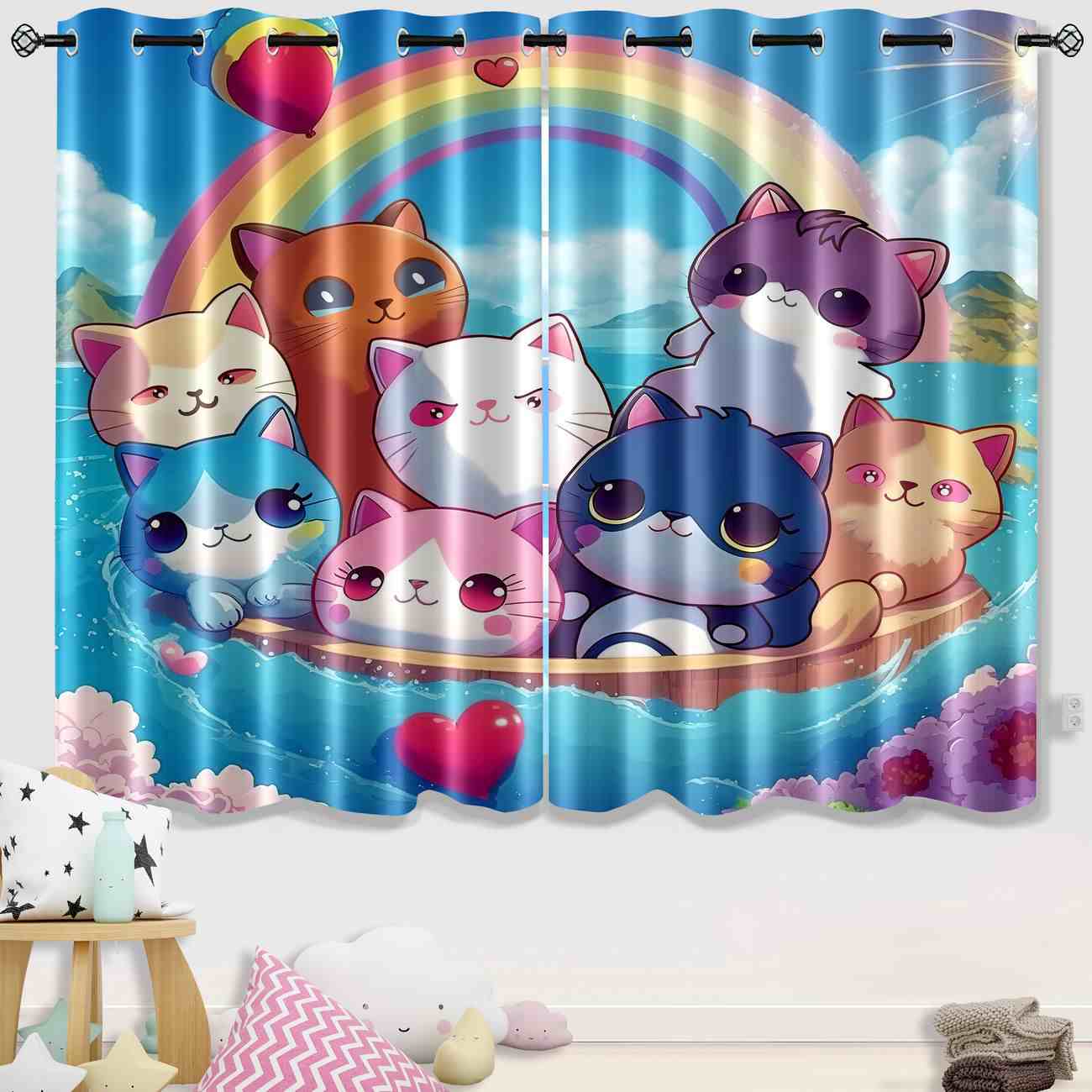 Rainbow Boat Cute Kitten Rainbow Curtains | CozyLil