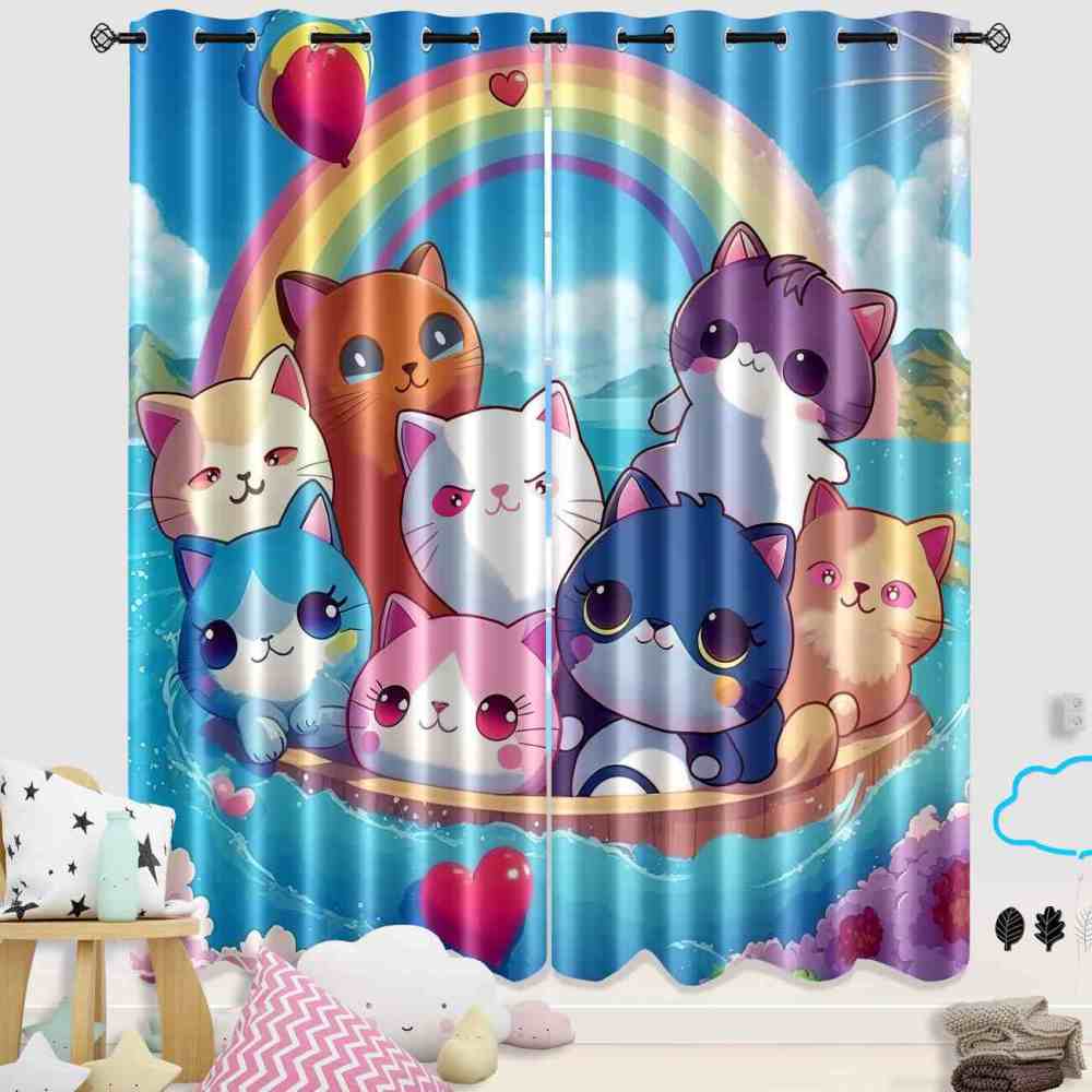 Rainbow Boat Cute Kitten Rainbow Curtains | CozyLil