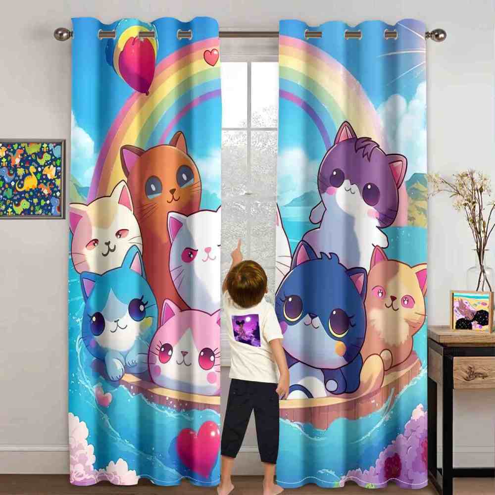 Rainbow Boat Cute Kitten Rainbow Curtains | CozyLil