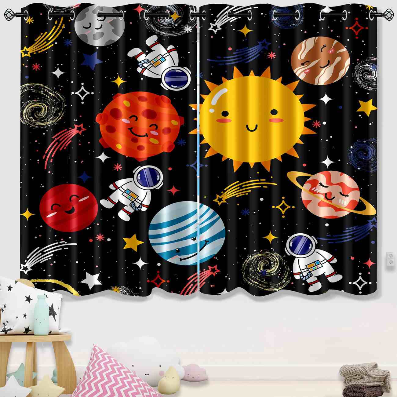 Cute Astronaut and Smiling Solar System Kids Curtains | CozyLil