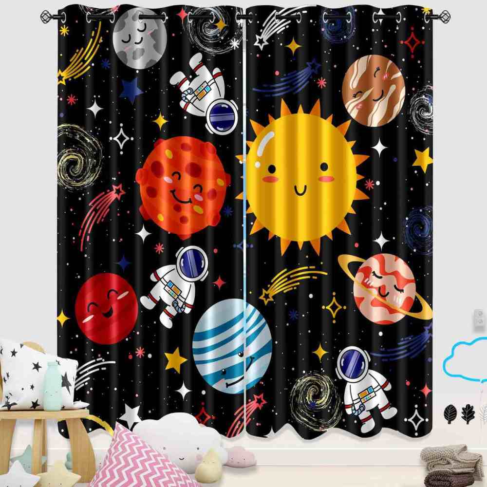 Cute Astronaut and Smiling Solar System Kids Curtains | CozyLil
