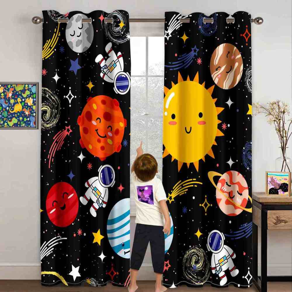 Cute Astronaut and Smiling Solar System Kids Curtains | CozyLil
