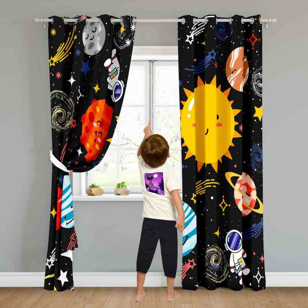 Cute Astronaut and Smiling Solar System Kids Curtains | CozyLil