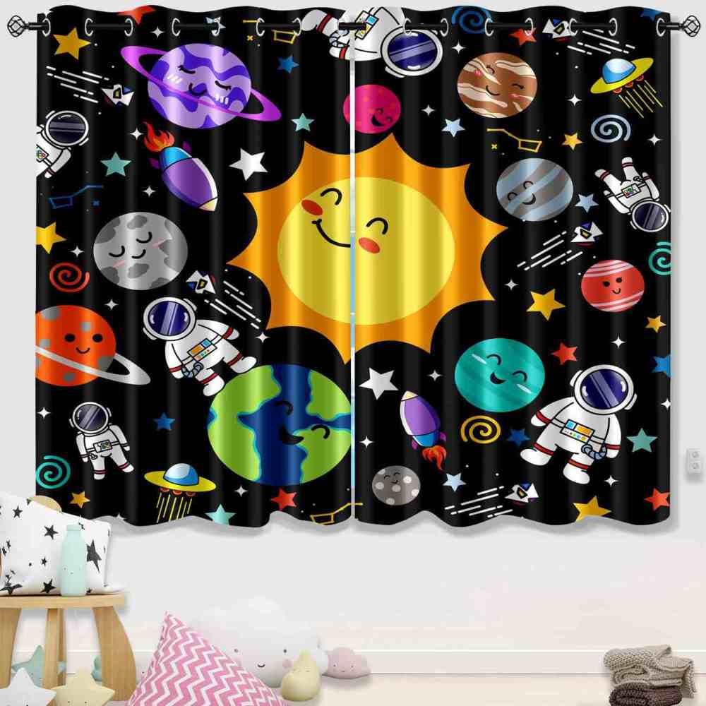 Cartoon Earth and Rocket Ship Outer Space Kids Curtains | CozyLil