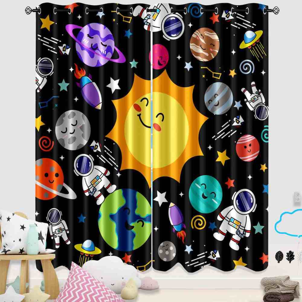 Cartoon Earth and Rocket Ship Outer Space Kids Curtains | CozyLil