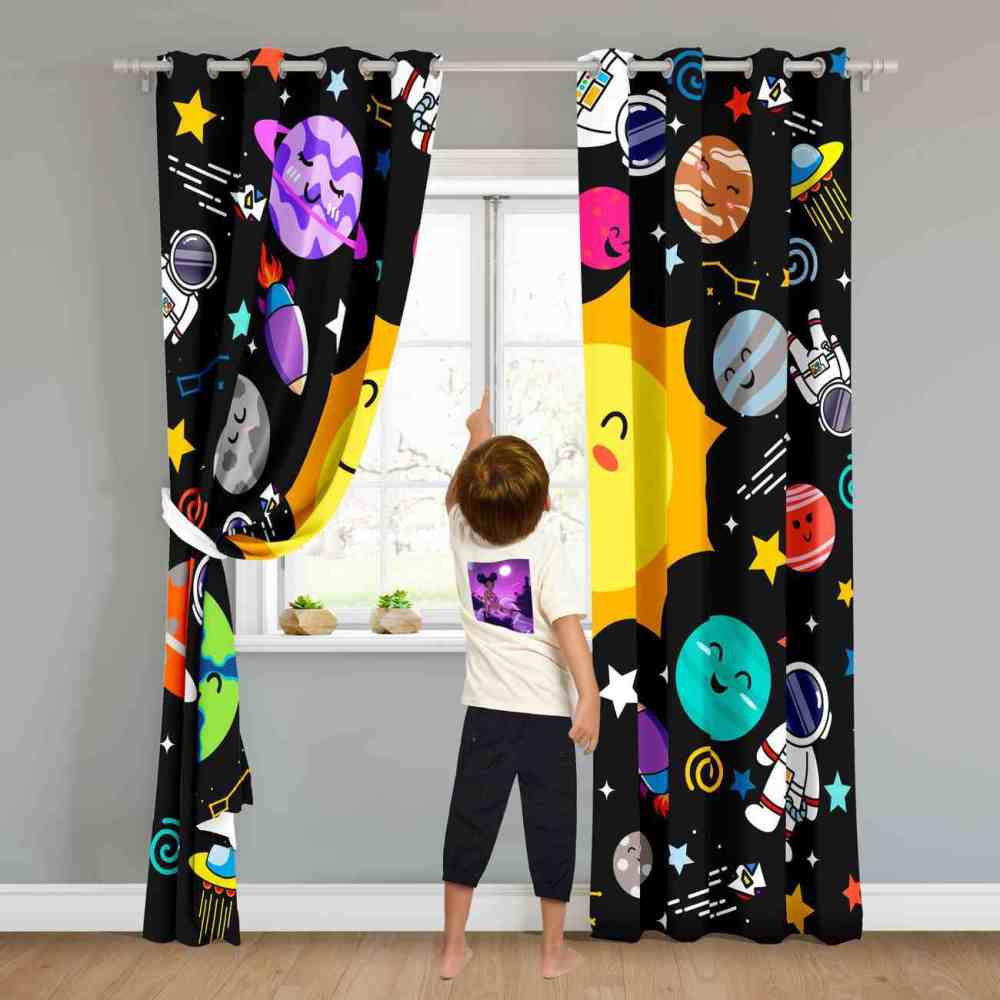 Cartoon Earth and Rocket Ship Outer Space Kids Curtains | CozyLil