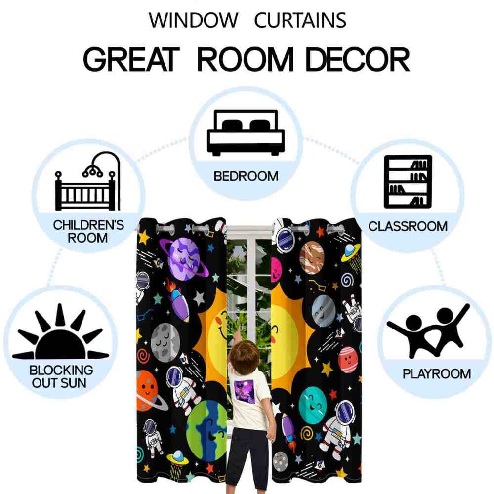 Cartoon Earth and Rocket Ship Outer Space Kids Curtains | CozyLil