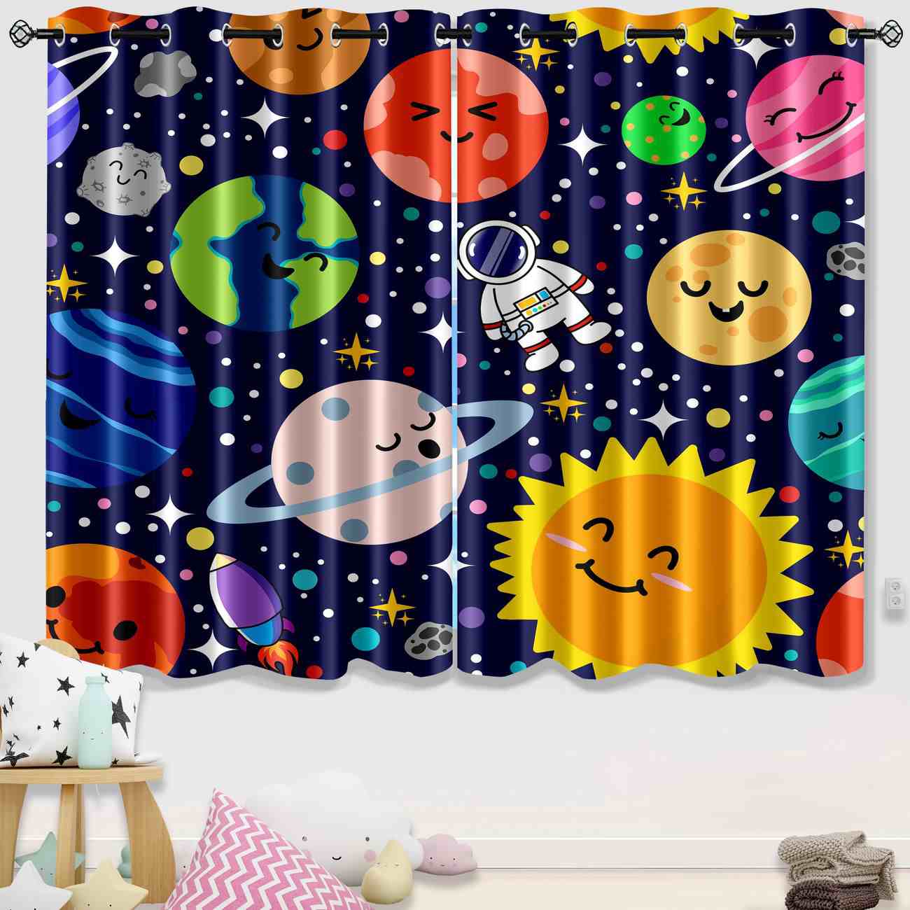Deep Blue Galaxy Journey Kids Planet Curtains | CozyLil