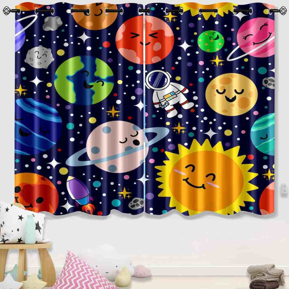 Deep Blue Galaxy Journey Kids Planet Curtains | CozyLil