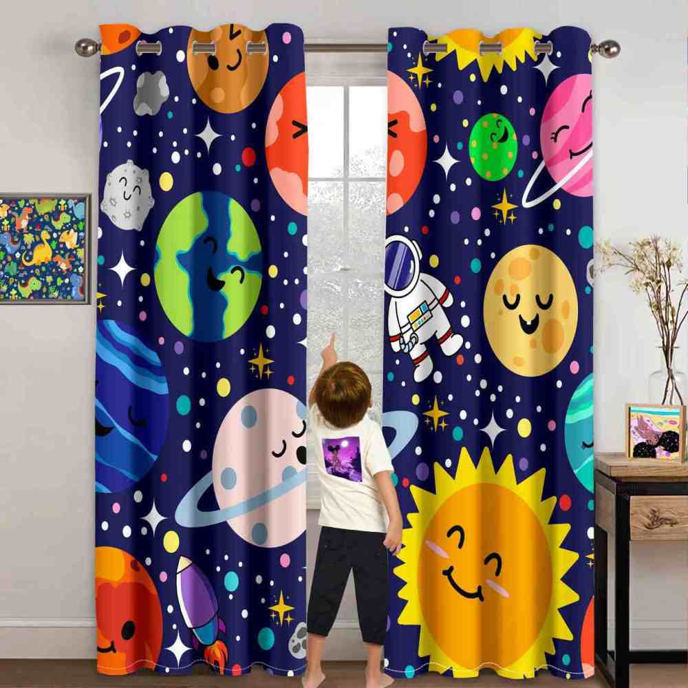 Deep Blue Galaxy Journey Kids Planet Curtains | CozyLil