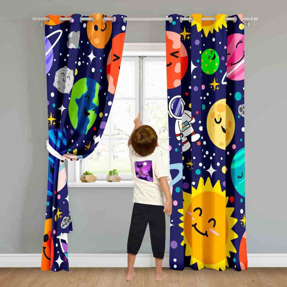 Deep Blue Galaxy Journey Kids Planet Curtains | CozyLil
