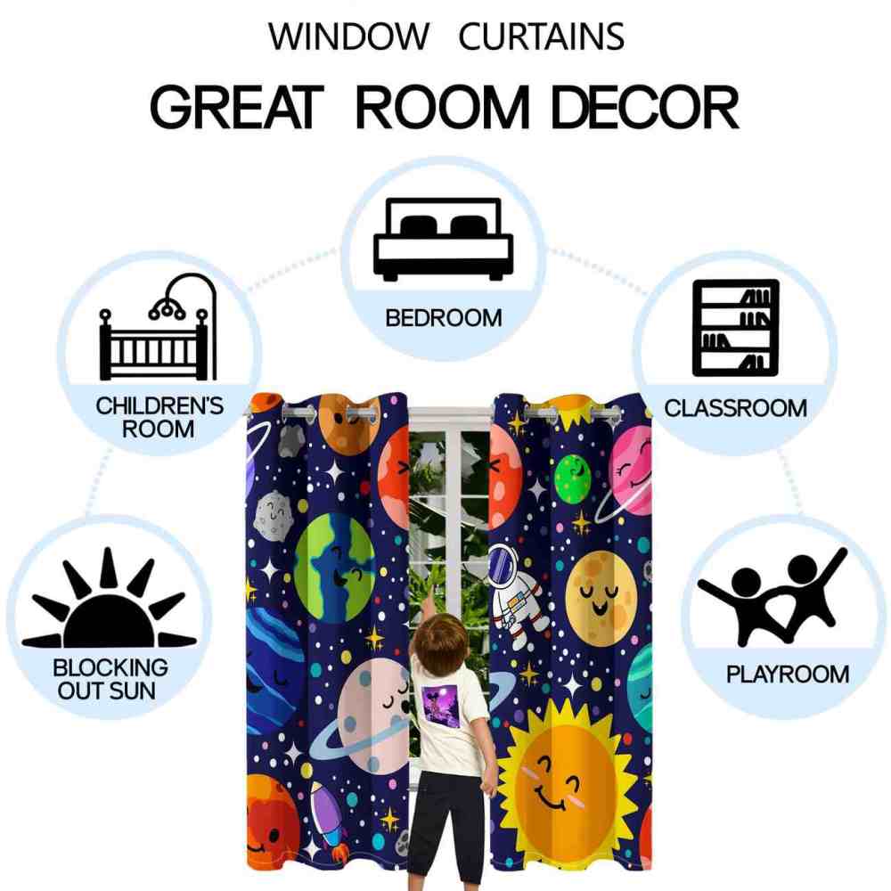 Deep Blue Galaxy Journey Kids Planet Curtains | CozyLil