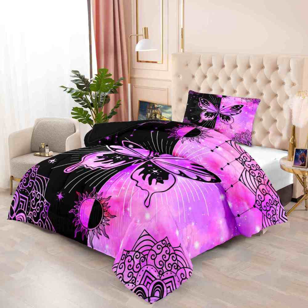 Pink Cosmic Mandala Butterfly Teen Comforter Set | CozyLil