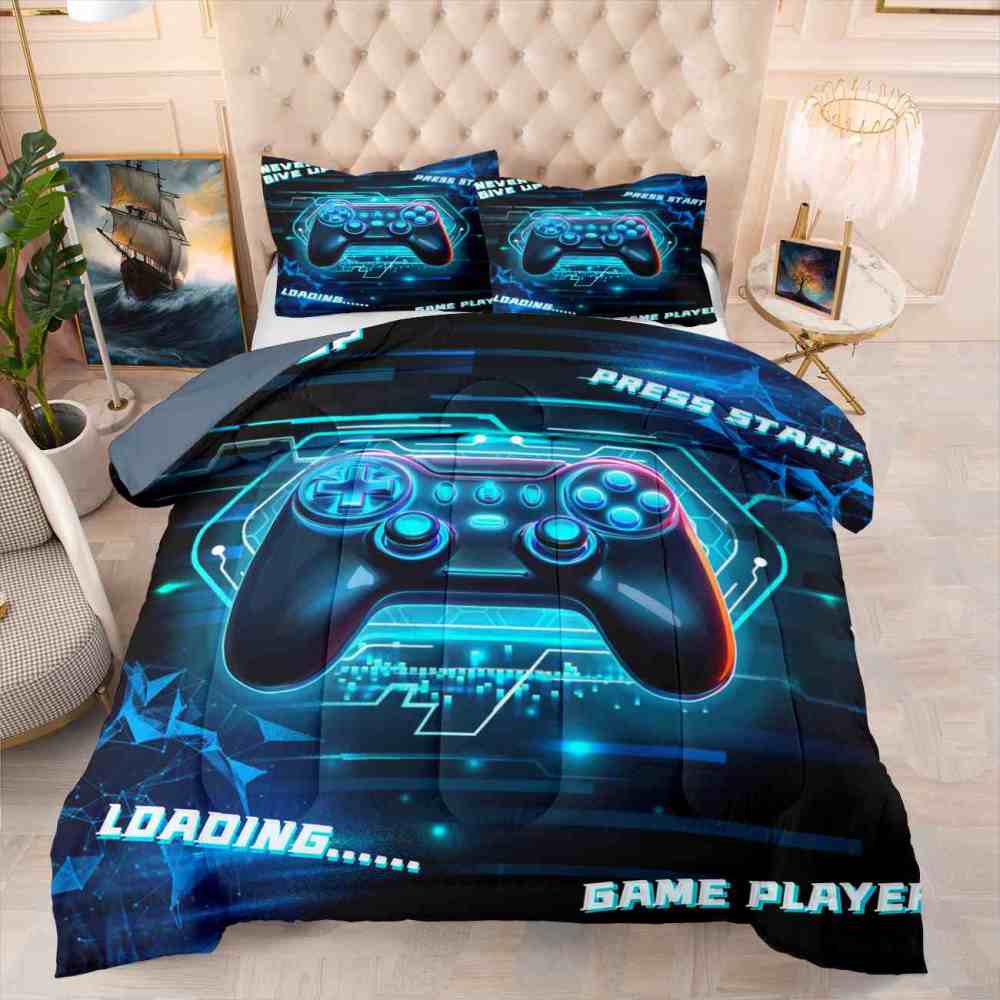 Cyber Blue Neon Gamer Comforter Set Bedding | CozyLil
