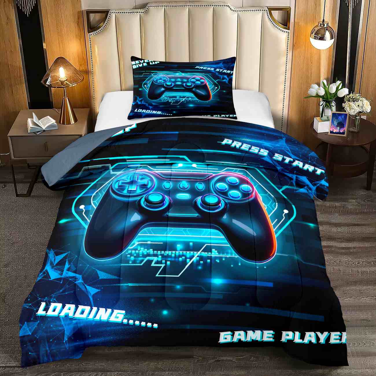 Cyber Blue Neon Gamer Comforter Set Bedding | CozyLil