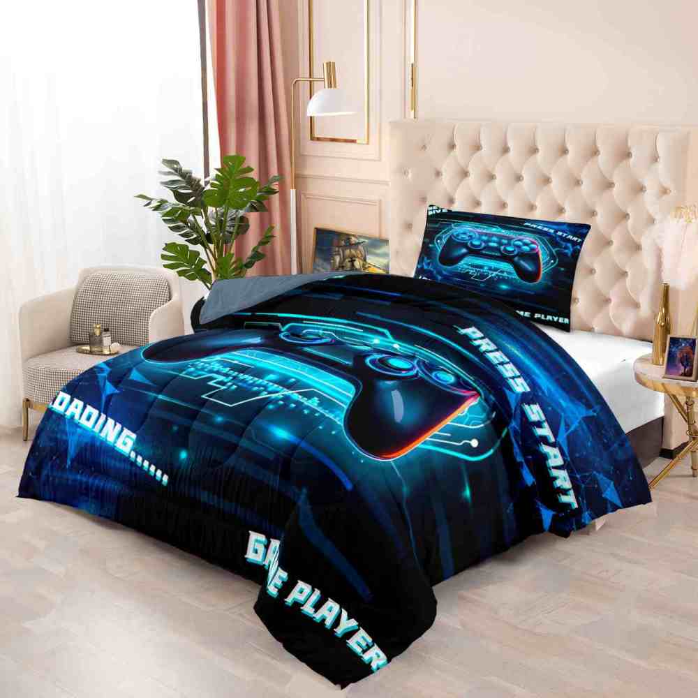 Cyber Blue Neon Gamer Comforter Set Bedding | CozyLil