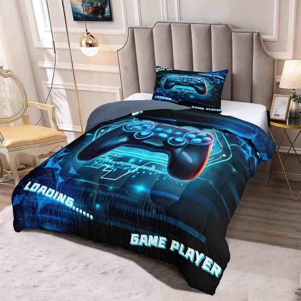Cyber Blue Neon Gamer Comforter Set Bedding | CozyLil