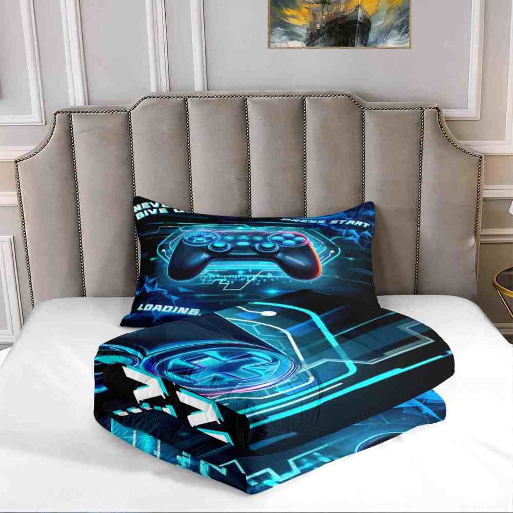Cyber Blue Neon Gamer Comforter Set Bedding | CozyLil