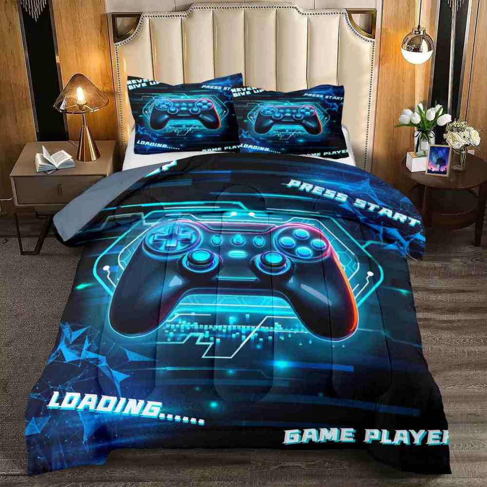 Cyber Blue Neon Gamer Comforter Set Bedding | CozyLil
