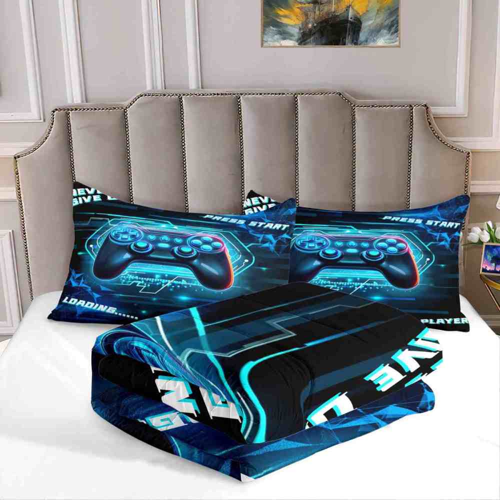 Cyber Blue Neon Gamer Comforter Set Bedding | CozyLil