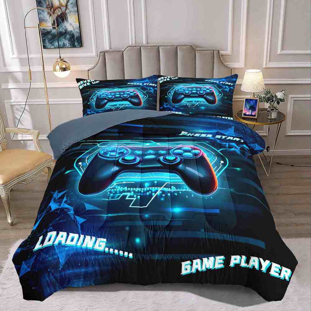 Cyber Blue Neon Gamer Comforter Set Bedding | CozyLil