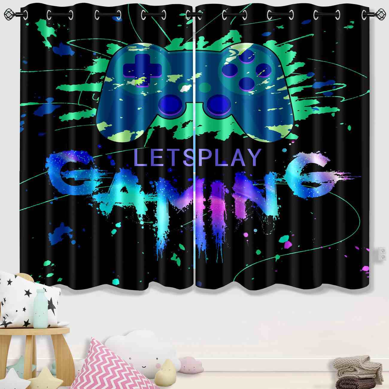 Let's Play Splash Art Gaming Controller Window Drapes | CozyLil