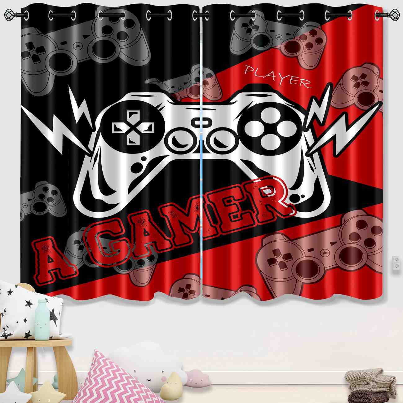 Red & Black Lightning Strike Gamer Window Curtains | CozyLil