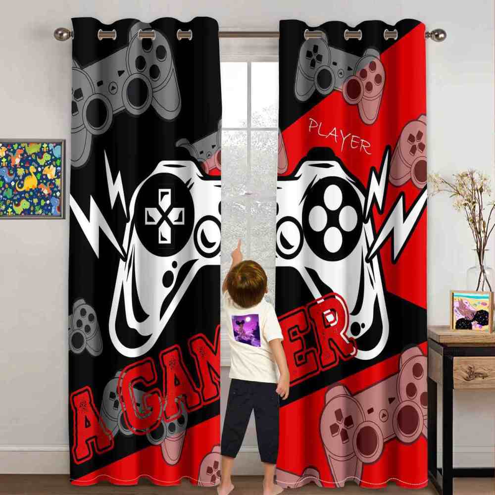 Red & Black Lightning Strike Gamer Window Curtains | CozyLil