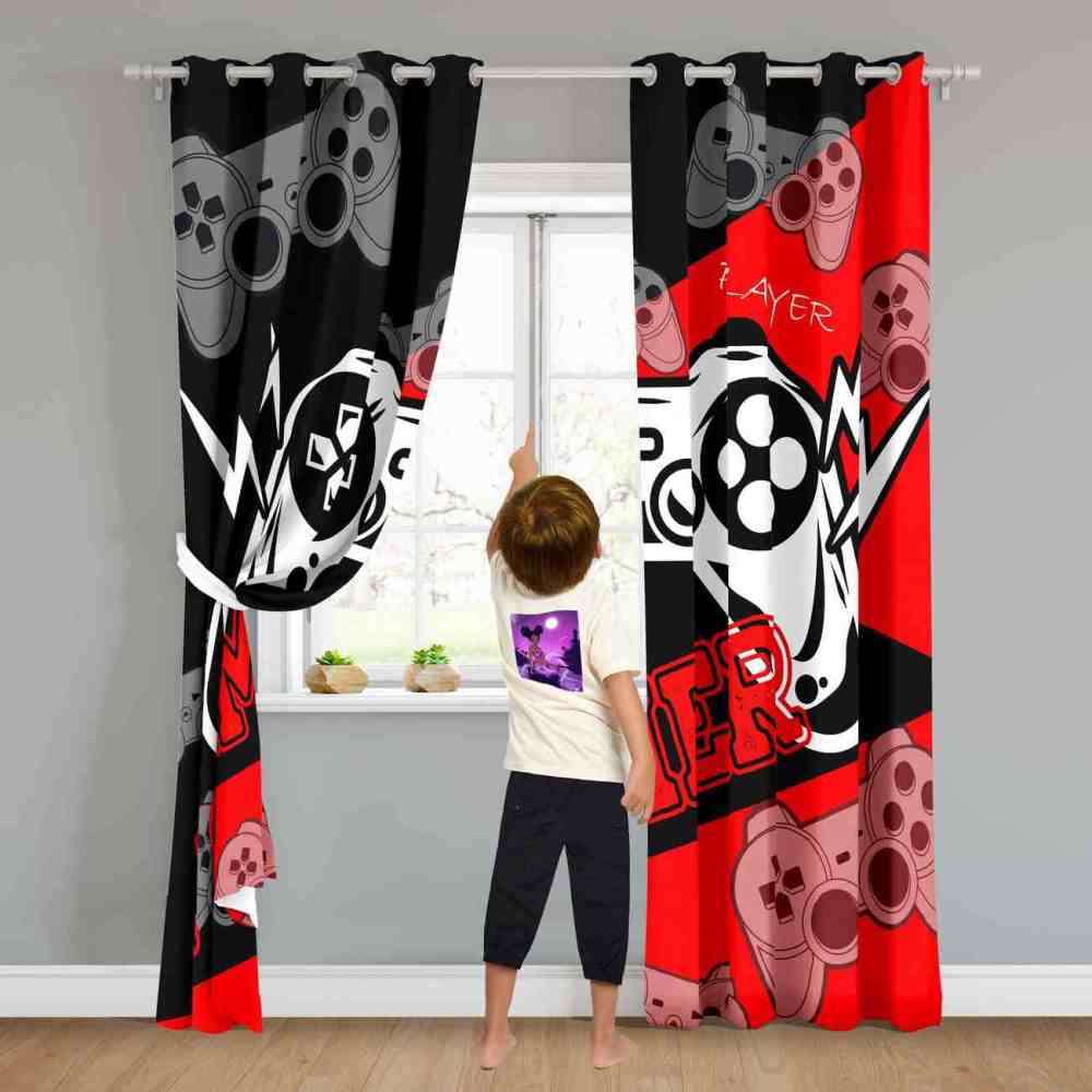 Red & Black Lightning Strike Gamer Window Curtains | CozyLil