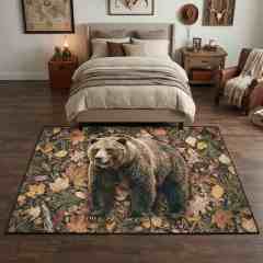 Rustic Grizzly Bear Forest Leaves Area Rug Non-Slip Floor Mat | CozyLil