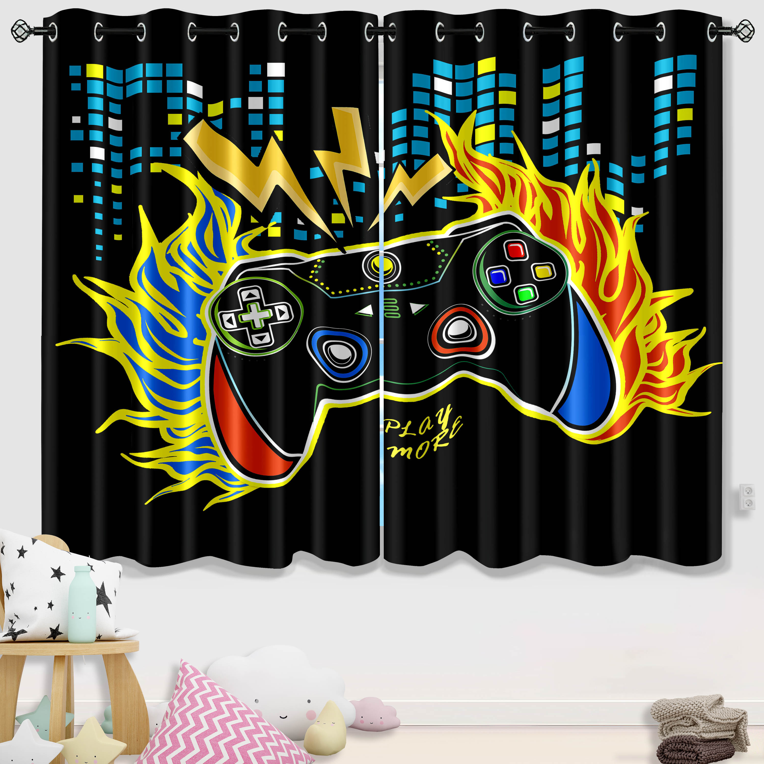 Flaming Lightning Game Controller Kids Room Curtains | CozyLil