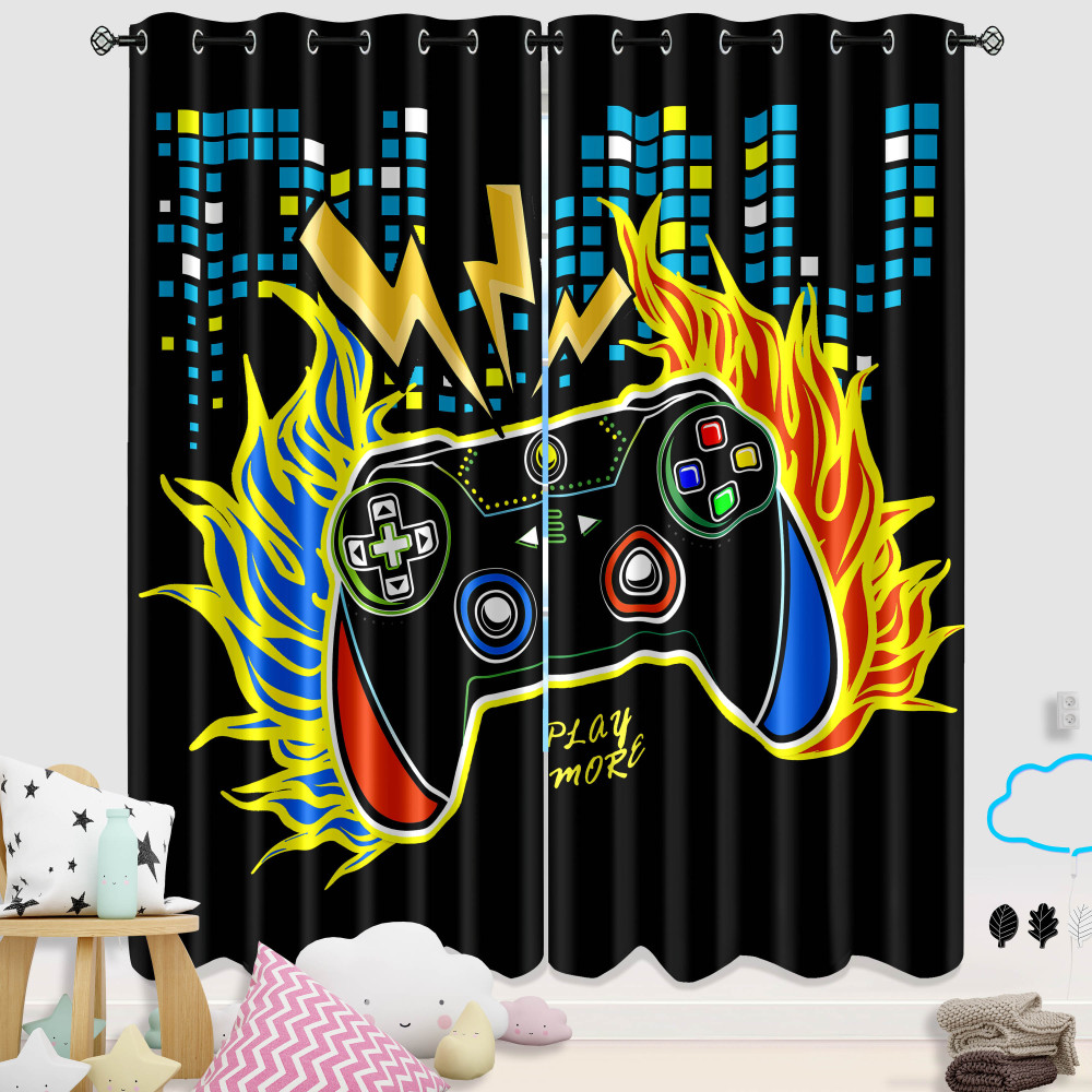 Flaming Lightning Game Controller Kids Room Curtains | CozyLil