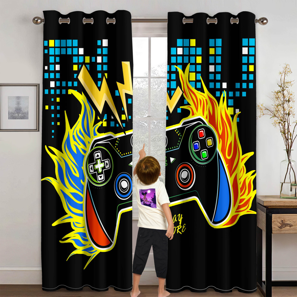 Flaming Lightning Game Controller Kids Room Curtains | CozyLil