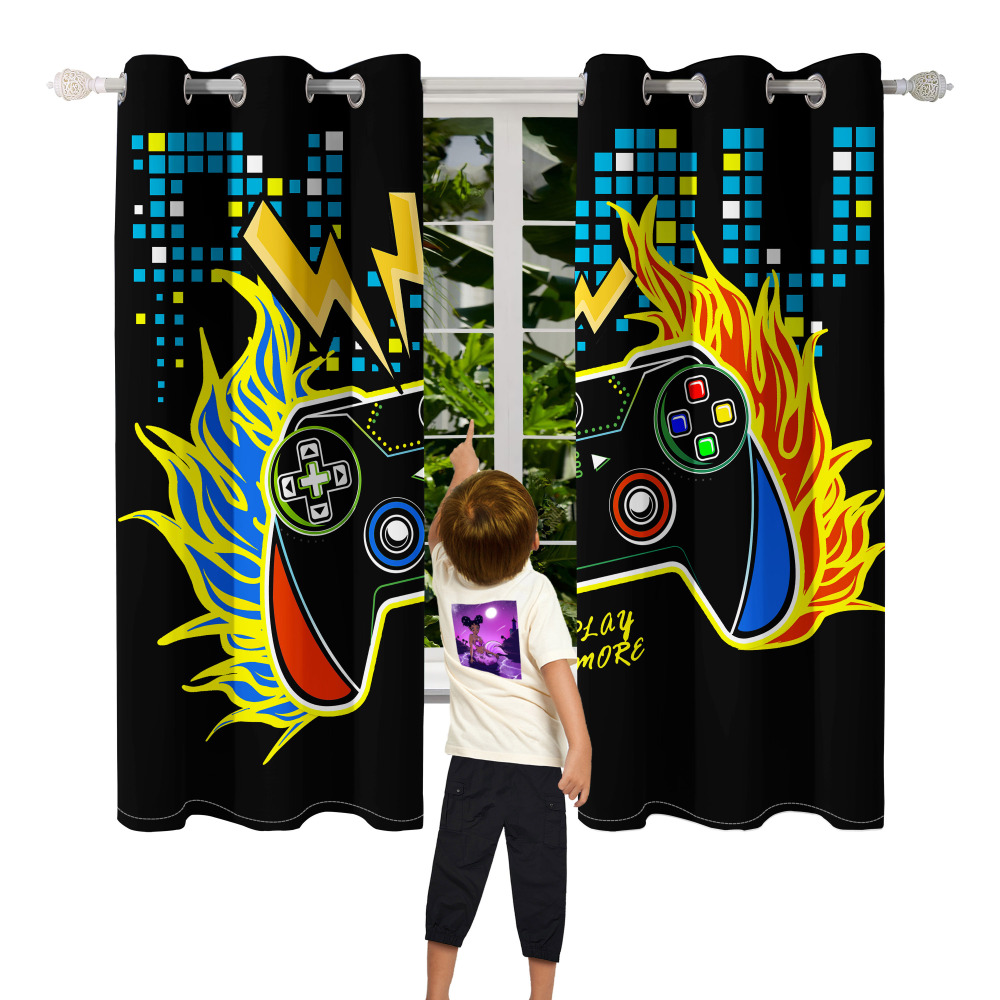 Flaming Lightning Game Controller Kids Room Curtains | CozyLil