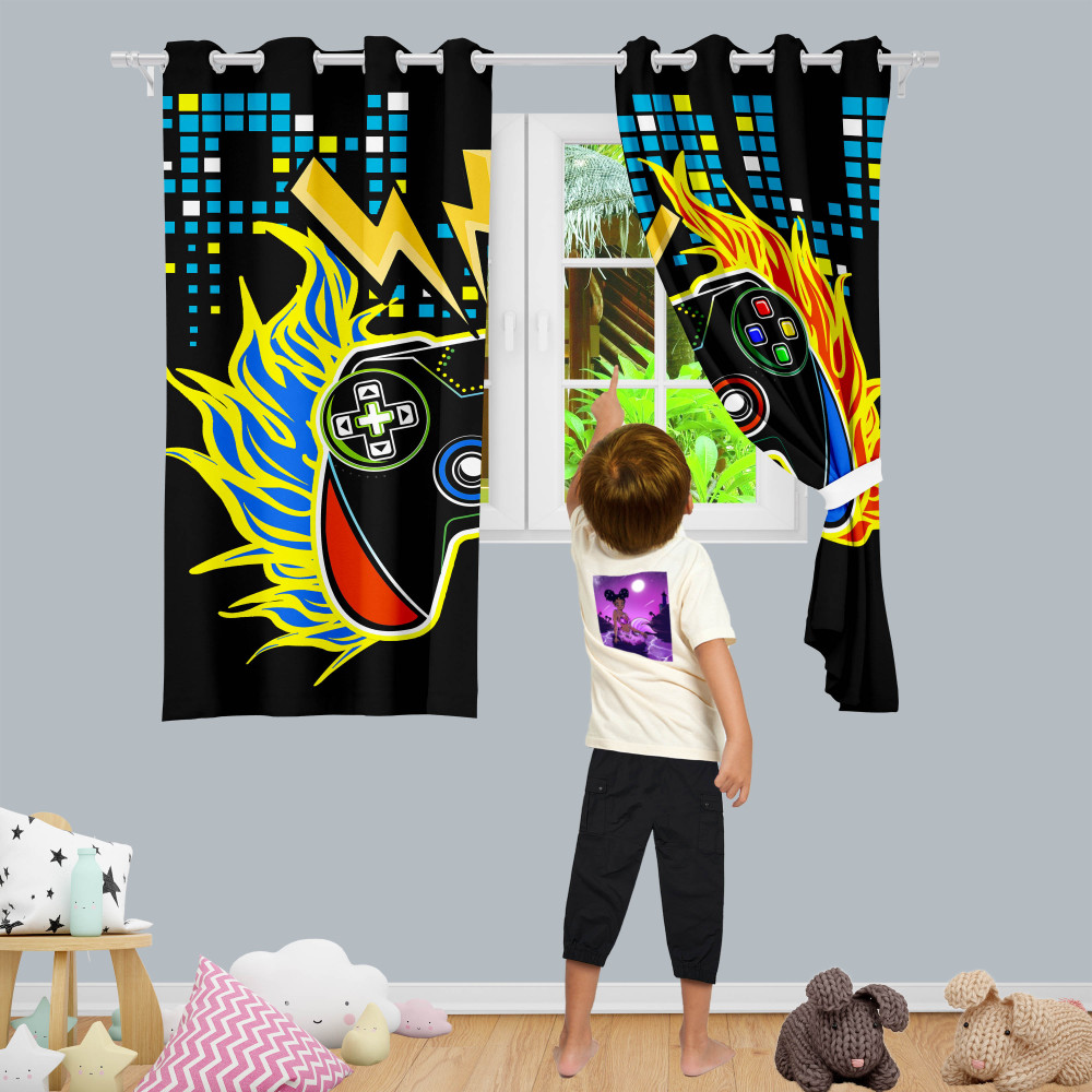 Flaming Lightning Game Controller Kids Room Curtains | CozyLil