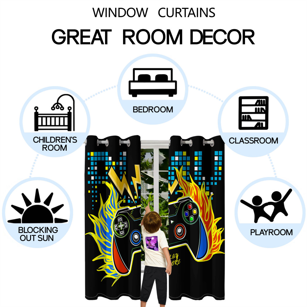 Flaming Lightning Game Controller Kids Room Curtains | CozyLil
