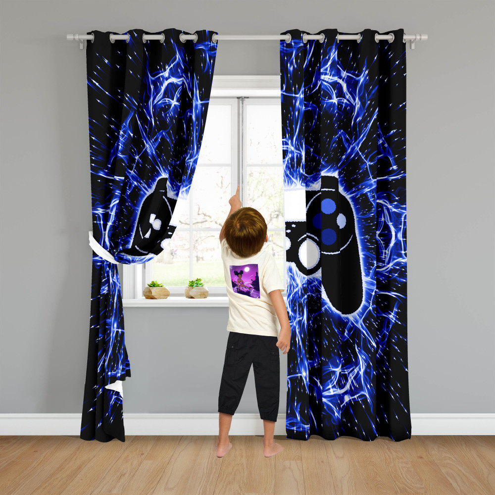 Blue Electric Lightning Gamer Window Curtains | CozyLil