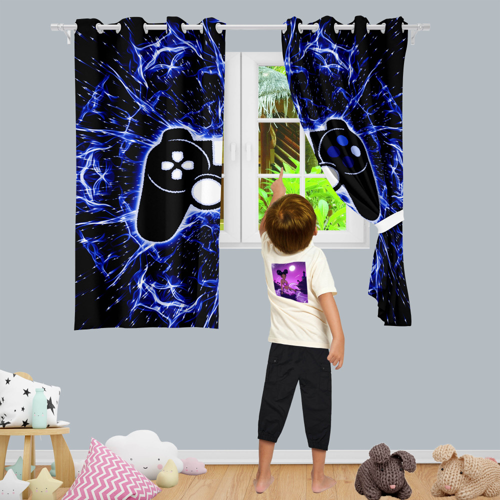 Blue Electric Lightning Gamer Window Curtains | CozyLil