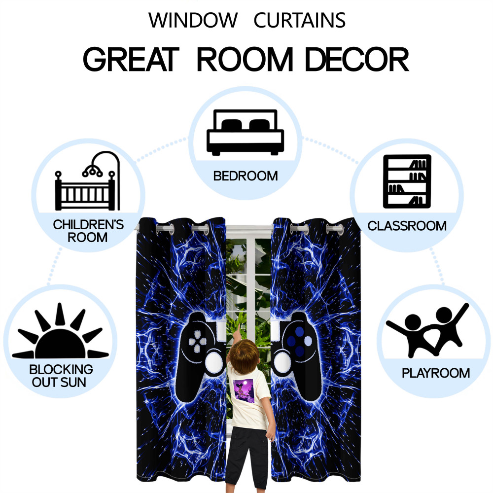 Blue Electric Lightning Gamer Window Curtains | CozyLil