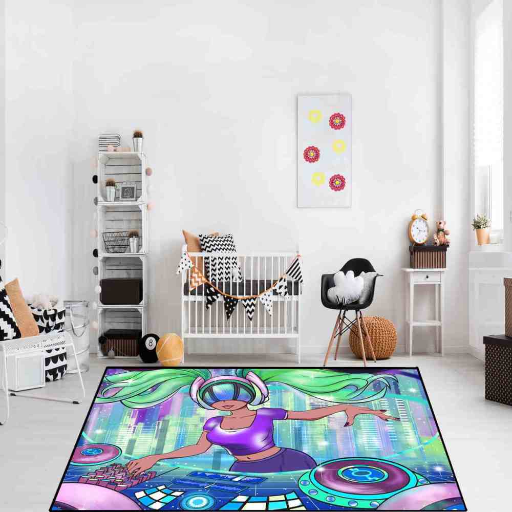 Cyber Music DJ Black Girl Gamer Room Floor Mat | CozyLil