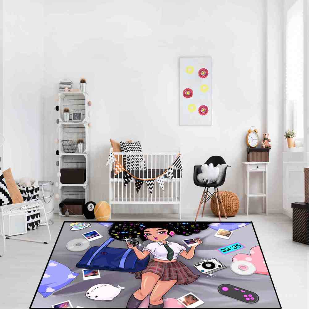 Retro Gamer Black Girl Grey Teen Bedroom Carpet | CozyLil