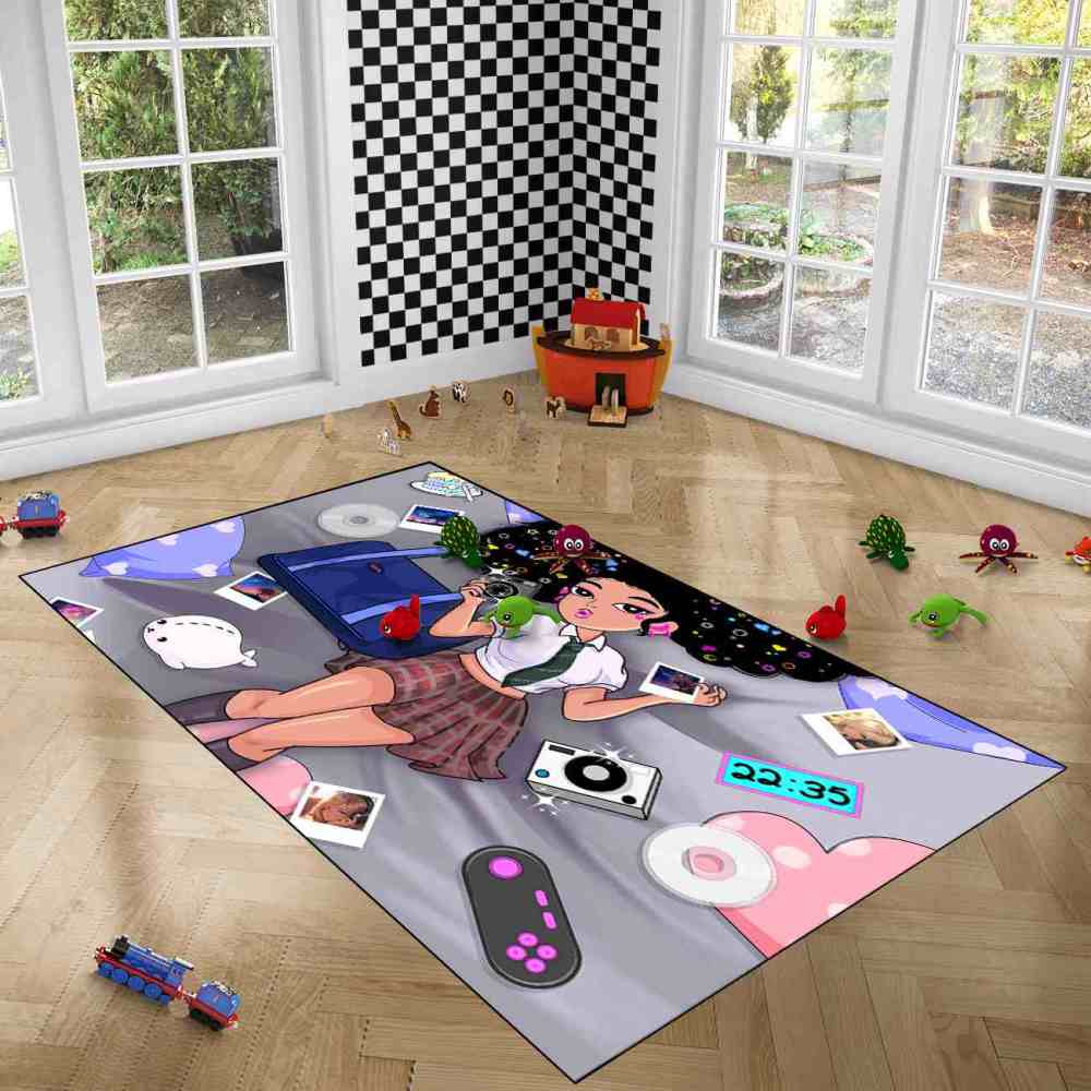 Retro Gamer Black Girl Grey Teen Bedroom Carpet | CozyLil