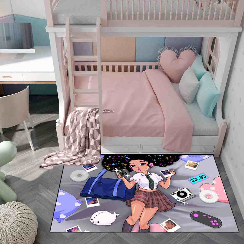 Retro Gamer Black Girl Grey Teen Bedroom Carpet | CozyLil