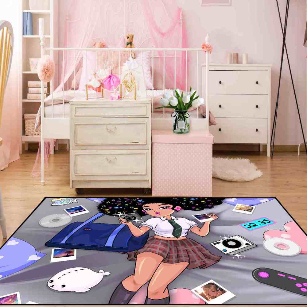 Retro Gamer Black Girl Grey Teen Bedroom Carpet | CozyLil