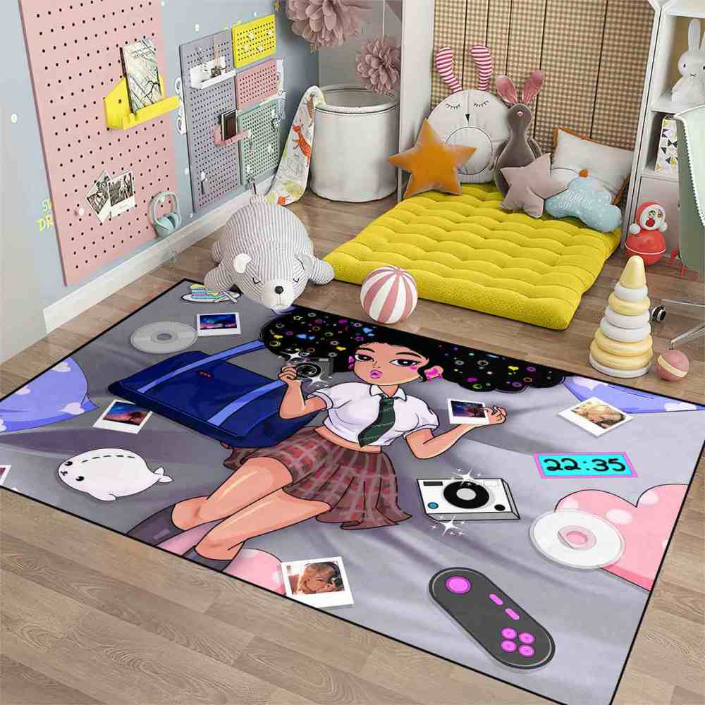 Retro Gamer Black Girl Grey Teen Bedroom Carpet | CozyLil