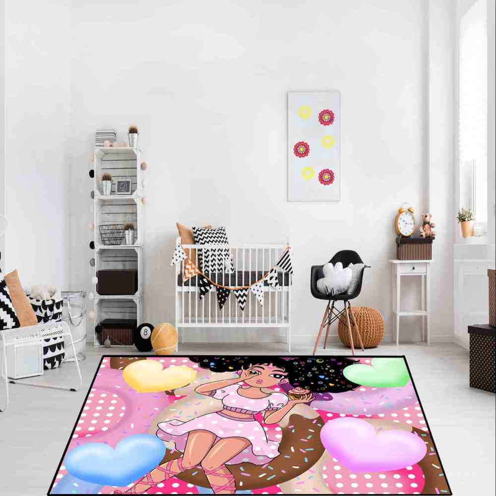 Sweet Donut Black Girl Pink Dessert Playroom Rug | CozyLil