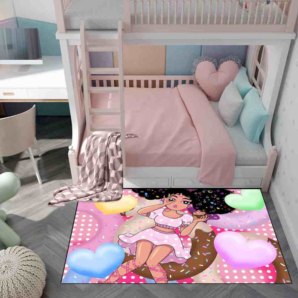 Sweet Donut Black Girl Pink Dessert Playroom Rug | CozyLil
