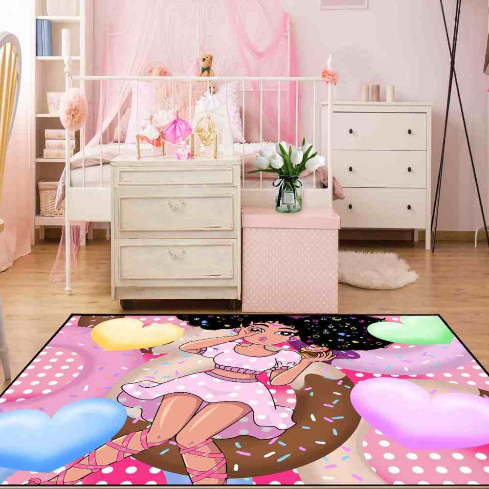 Sweet Donut Black Girl Pink Dessert Playroom Rug | CozyLil