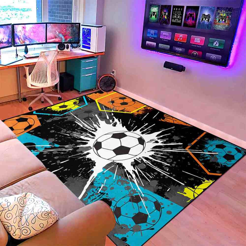 Neon Hexagon Soccer Paint Splatter Boys Playroom Rug | CozyLil
