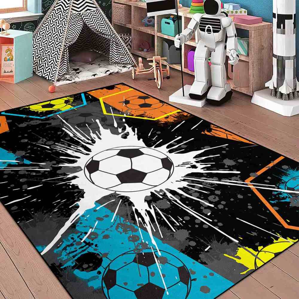 Neon Hexagon Soccer Paint Splatter Boys Playroom Rug | CozyLil